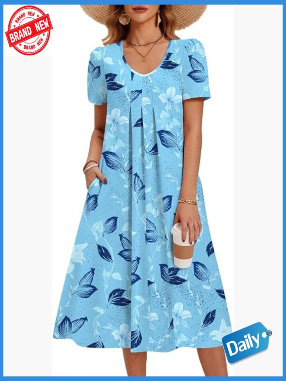 Women's Casual Floral Midi Sundress with Pockets V Neck Pleated A-Line Short